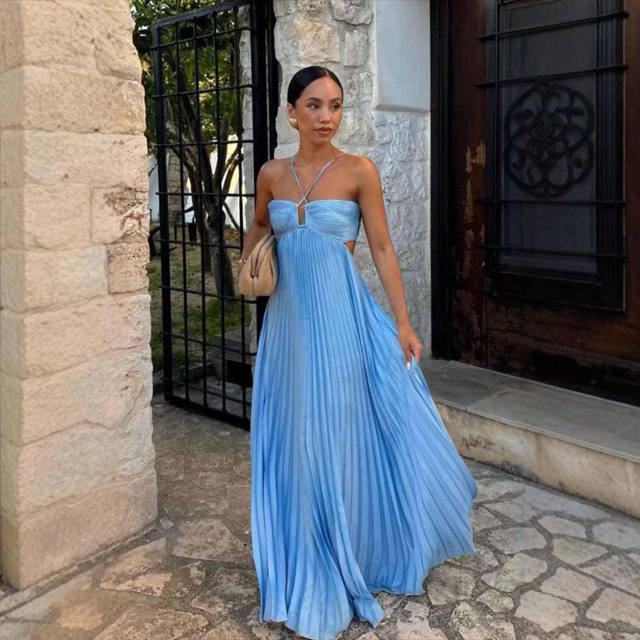 Robe Bustier Plissée Unie à Bretelles