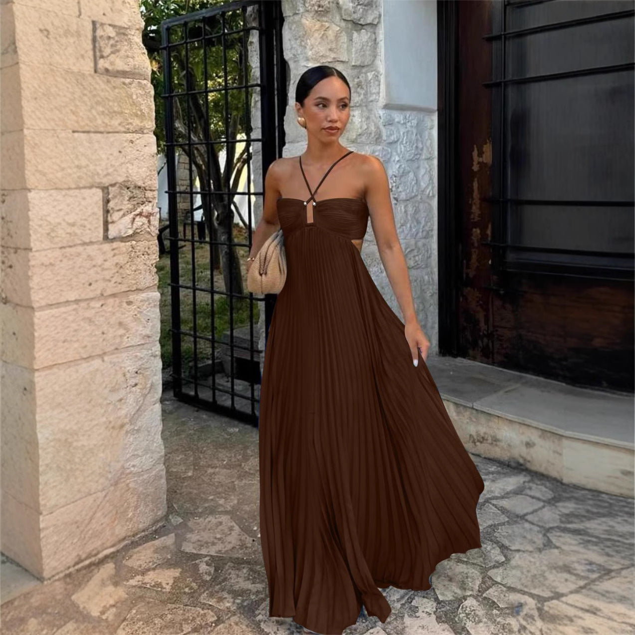 Robe Bustier Plissée Unie à Bretelles