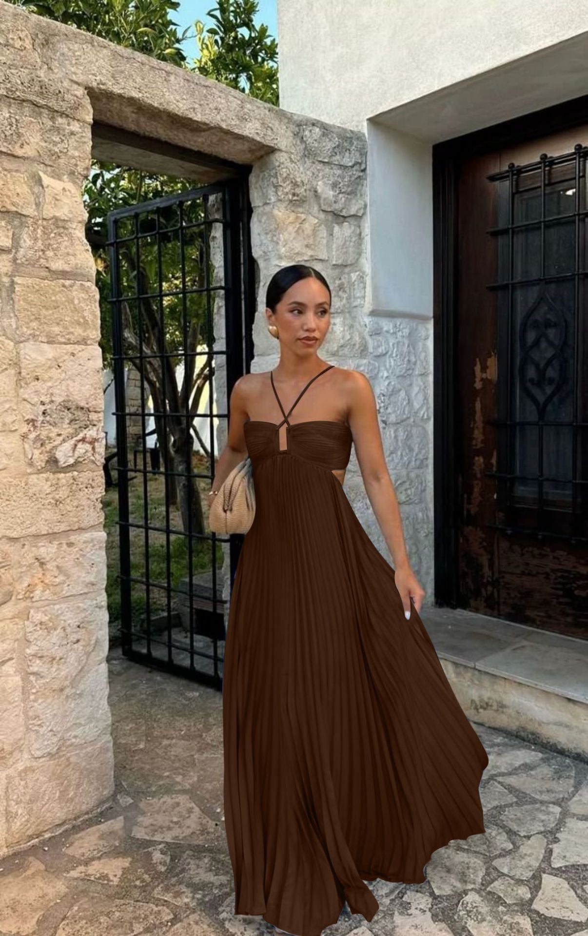 Robe Bustier Plissée Unie à Bretelles